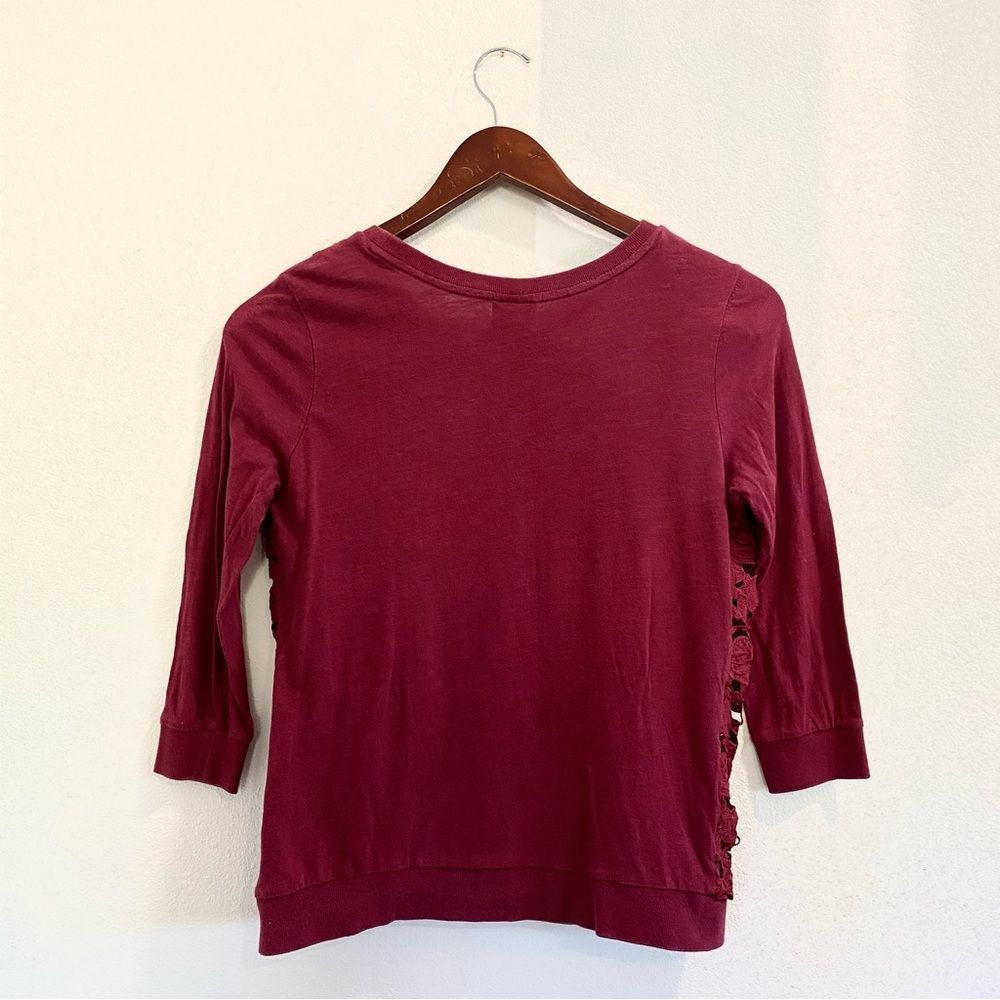 Wallpapher Cranberry Top Crochet Lace Detail Popover 3/4 Sleeve Burgundy - Picture 5 of 5